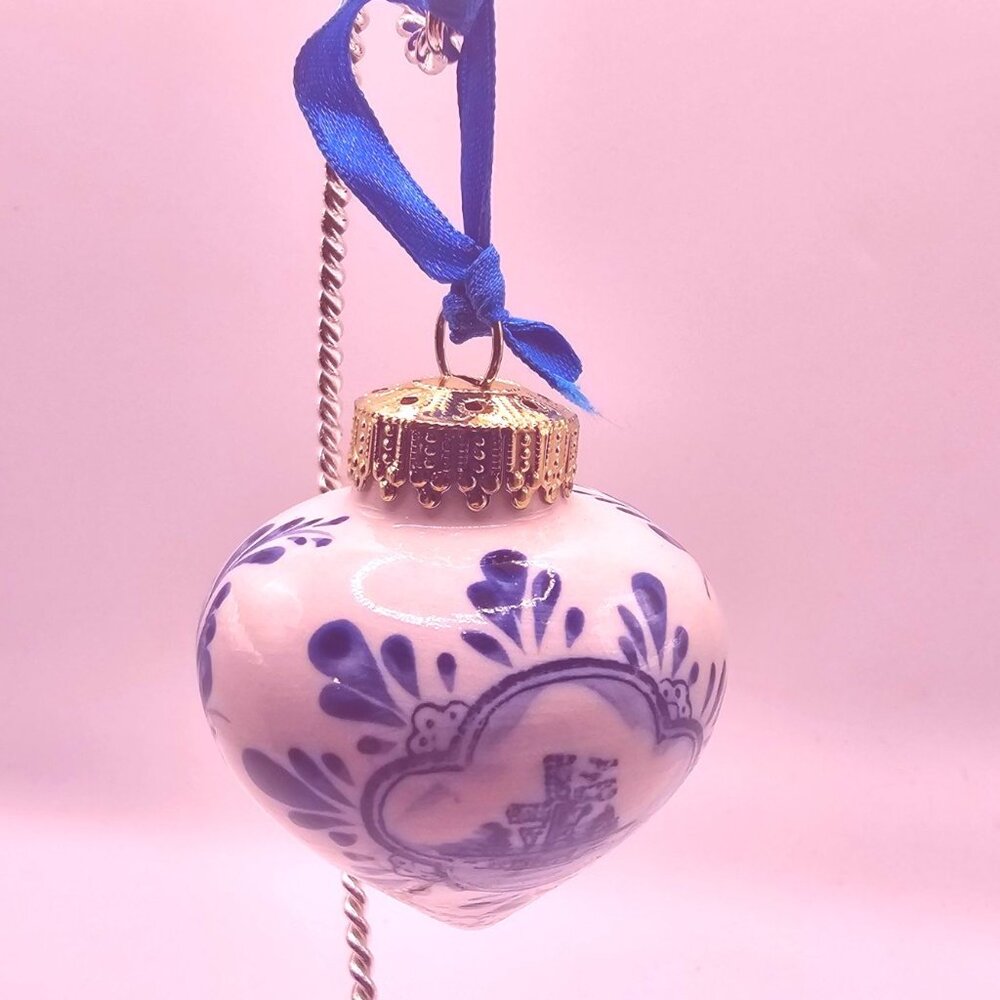 Holland Delft Blue Windmill Hand-Painted Porcelain Christmas Ornament With Gold